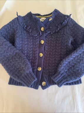 Mini Boden Blue Cable Knit Ruffle Collar Cardigan